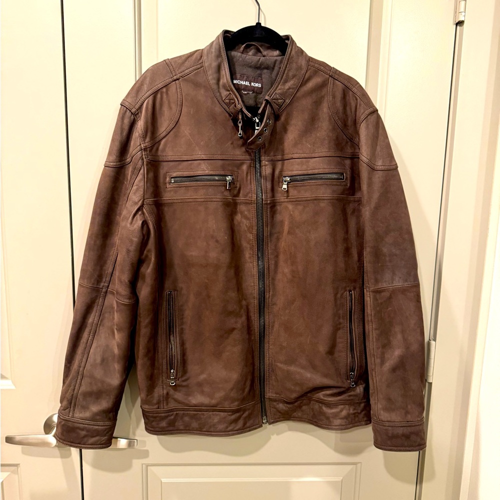 Michael Kors Brown Distressed Leather Moto Jacket (Men’s)